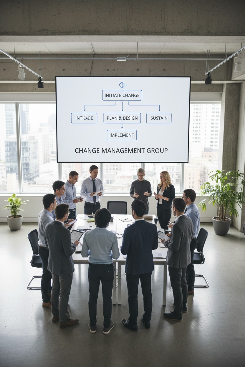 A group of professionals stands around a conference table in a modern office, looking at a large screen displaying a change management flowchart.
