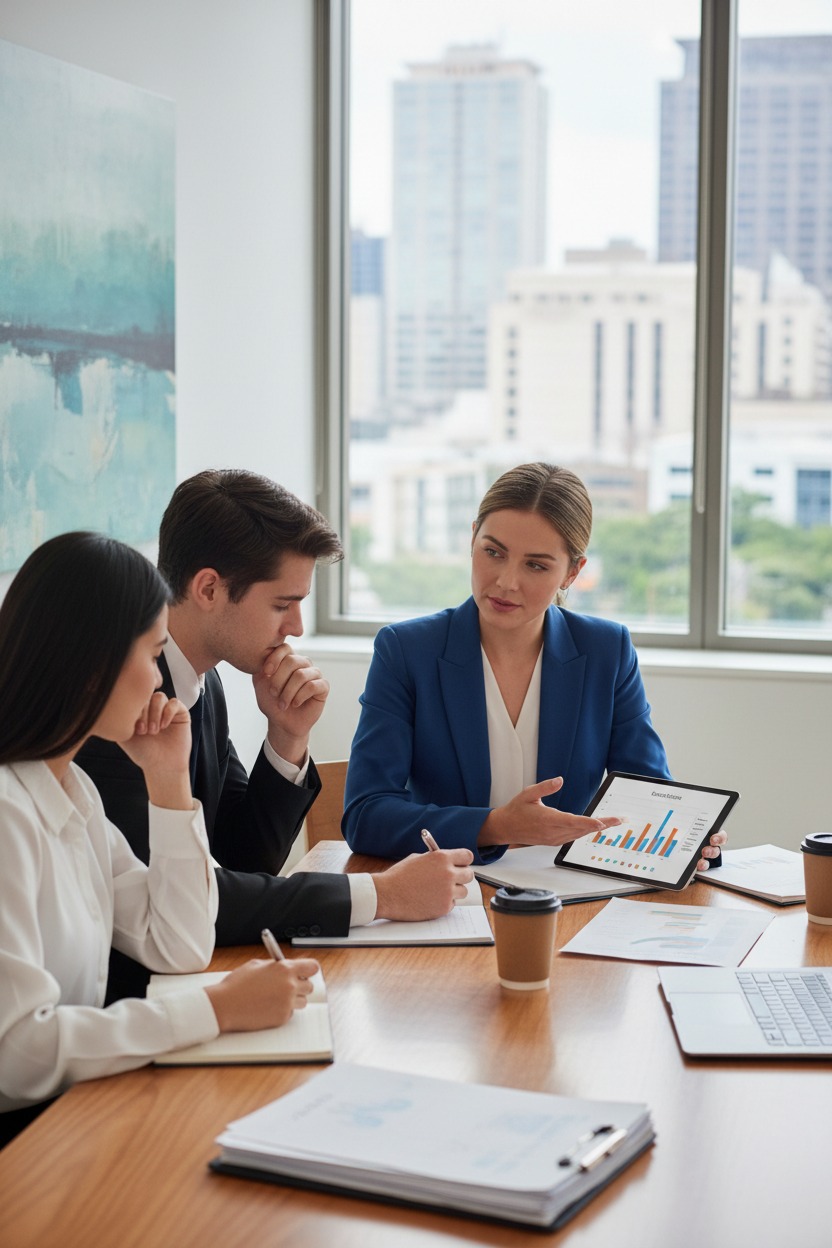 A businesswoman in a blue blazer presents a bar chart on a tablet to two colleagues during a meeting in a sunlit office.