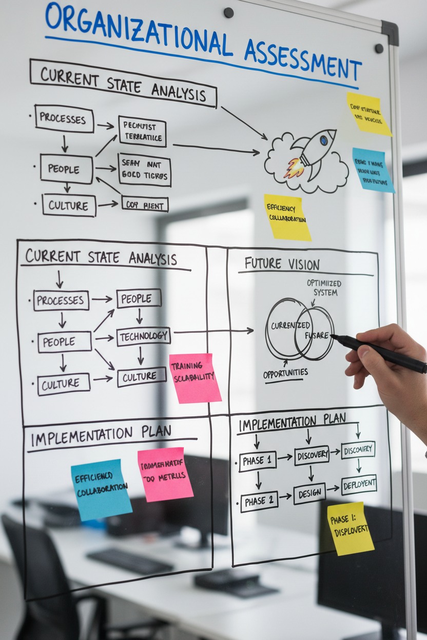 A hand writes on a glass whiteboard displaying an organizational assessment diagram with flowcharts, sticky notes, and a rocket illustration.