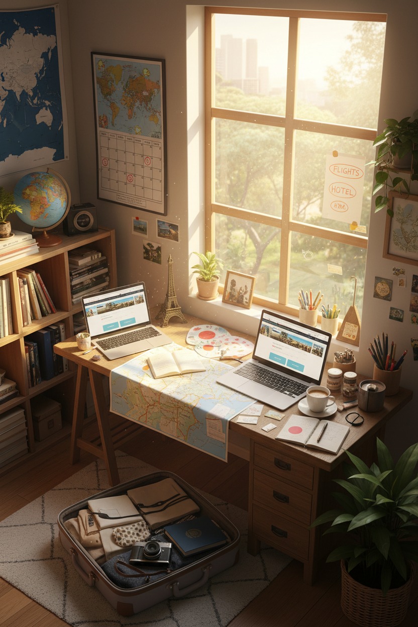 A sunlit travel-themed home office features a desk with two laptops, maps, and a packed suitcase on the floor.